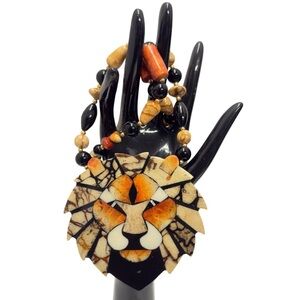 Lee Sands MCM Artistic Lion Pendant Necklace with Black and Red Beads